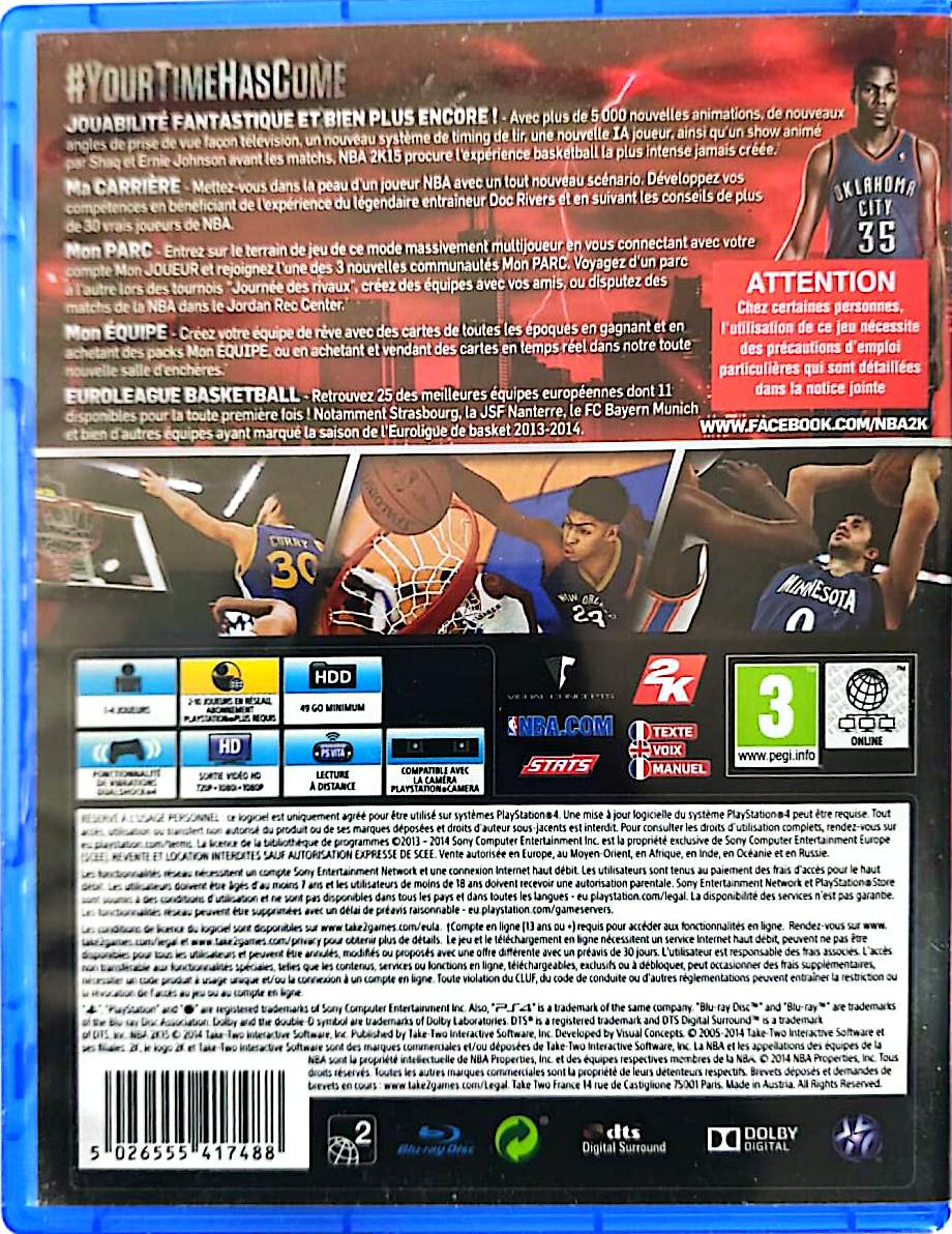 NBA 2K15 PS4 PlayStation 4 Jeu Vidéo Basketball Officiel NBA & Euroleague – Version Française