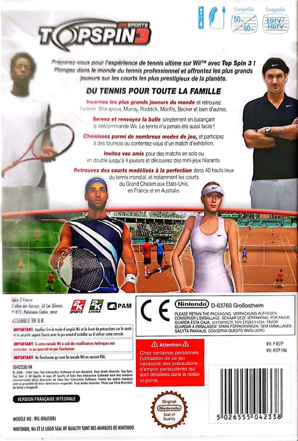 Top Spin 3 Wii – Jeu de Tennis 2K Sports – Roger Federer, Maria Sharapova, Gaël Monfils – Version Française PAL – Nintendo Wii