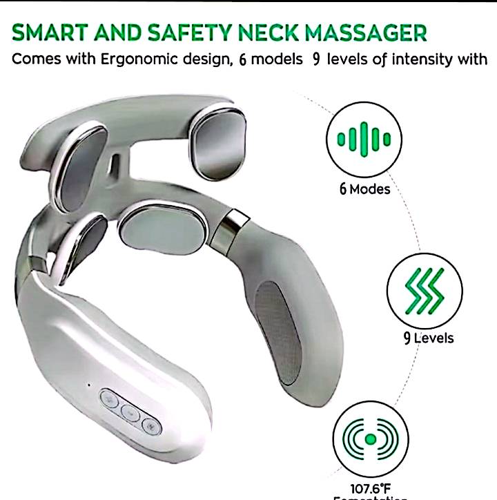 Masseur Cervical Intelligent 4 Têtes – Chauffage, Réglage de la Force, Recharge USB, Soulage les Douleurs de la Nuque et des Épaules – Relaxation Maison & Bureau – neuf