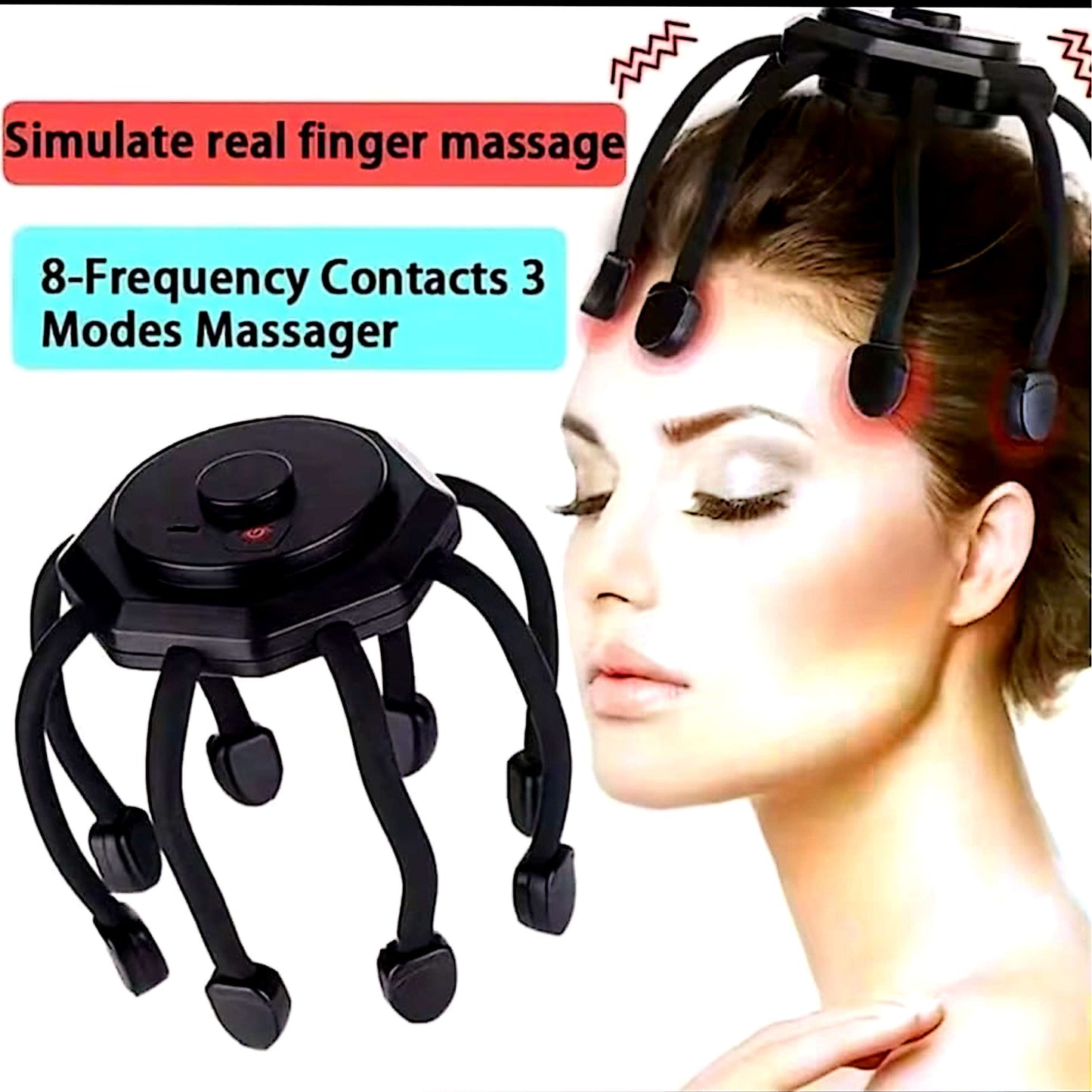 Masseur électrique de tête sans fil – 8 points de massage, 3 modes, noir