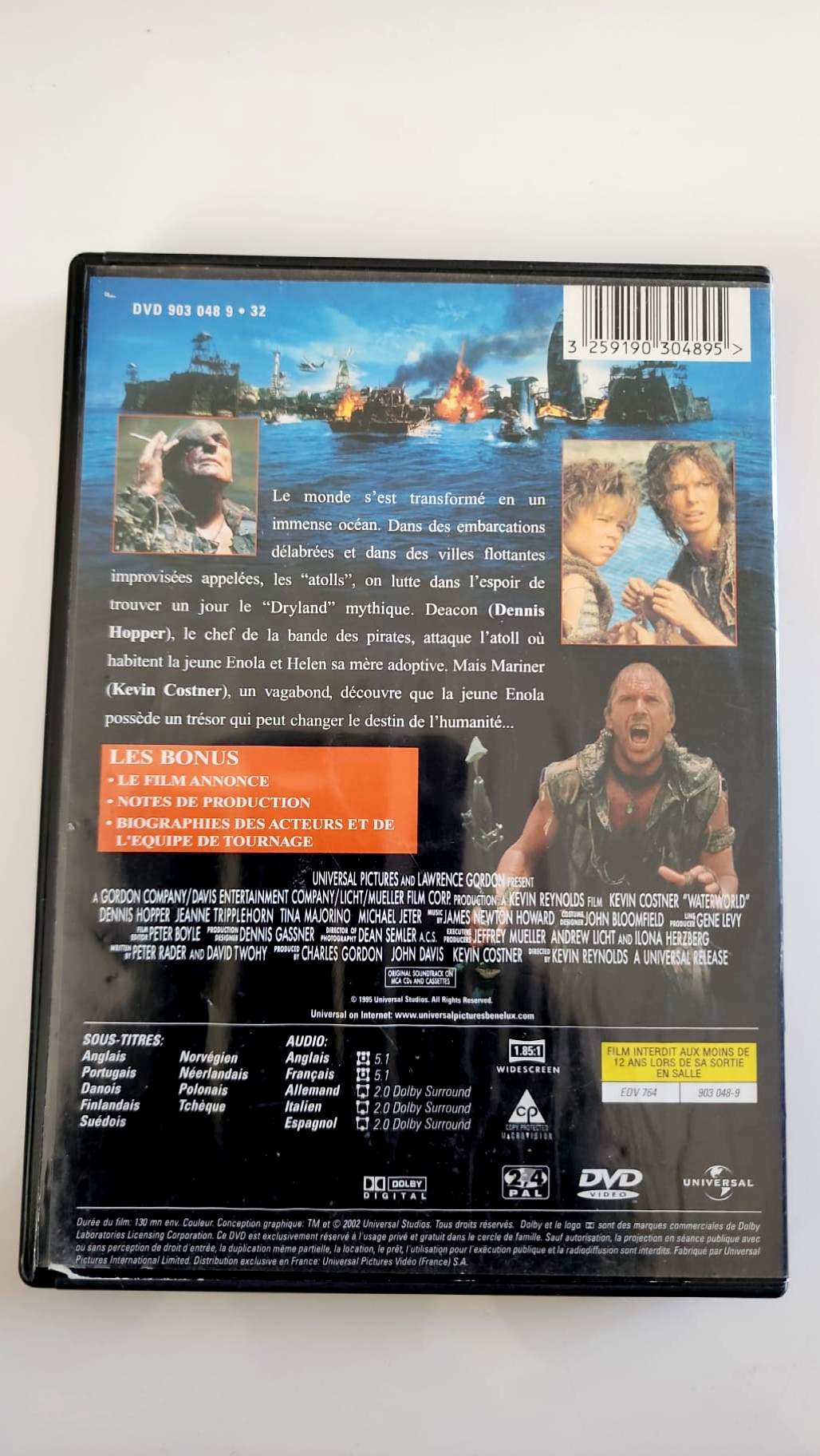 Jaquette arrière du DVD Waterworld avec le synopsis, pistes audio et bonus