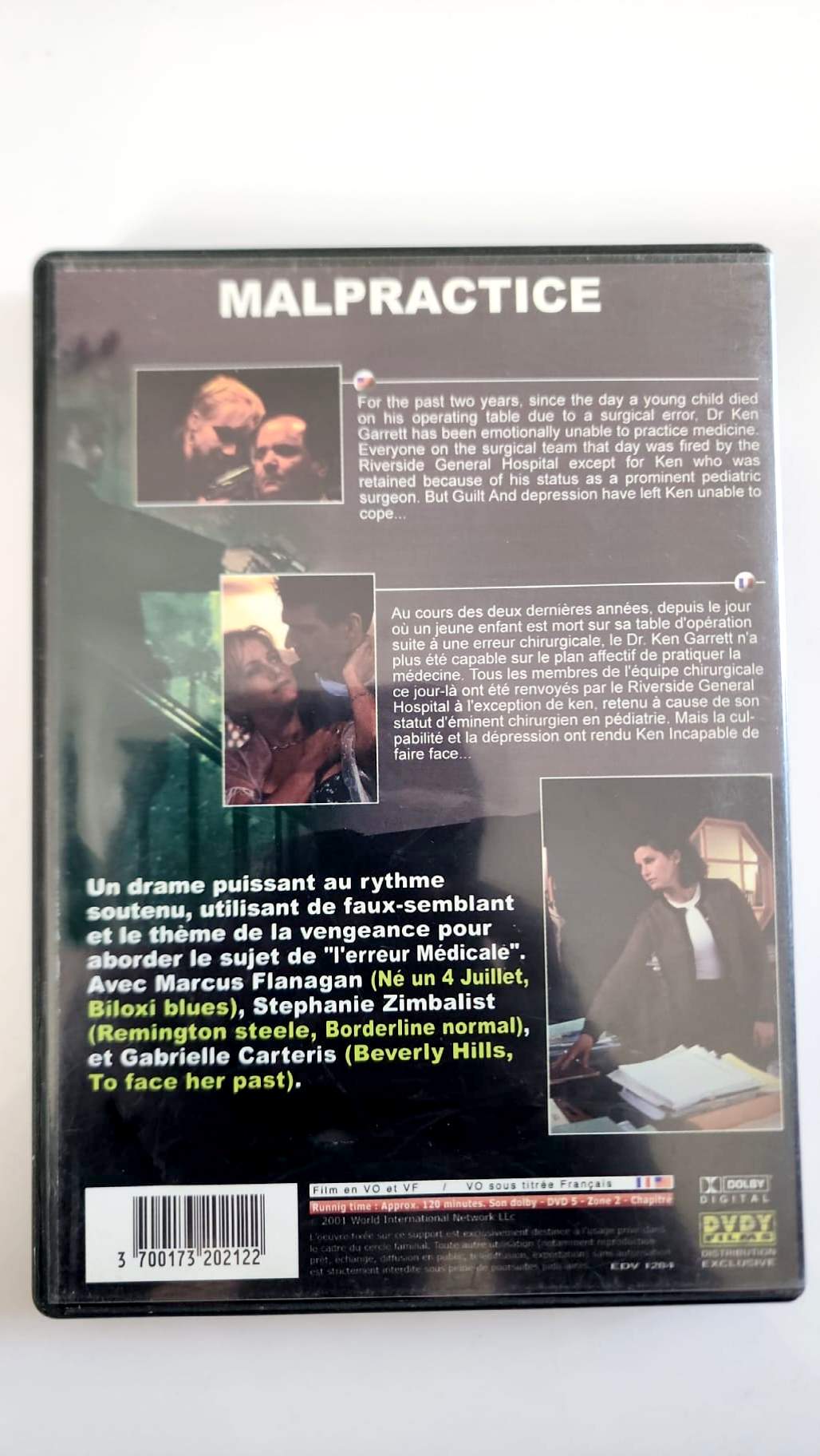 Jaquette arrière du DVD Malpractice avec le synopsis et les acteurs