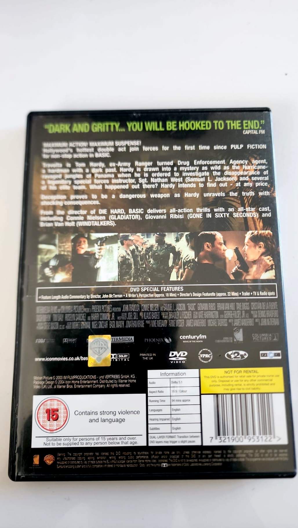 Basic DVD édition anglaise, dos de jaquette avec caractéristiques et classification 15
