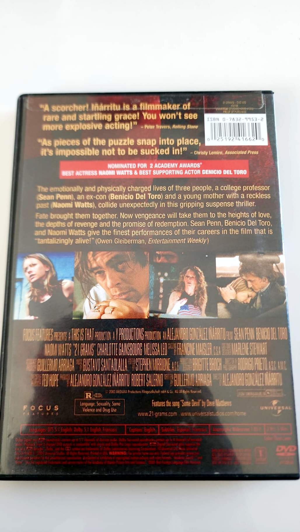 21 Grams DVD, jaquette arrière en anglais et caractéristiques