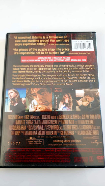 21 Grams DVD, jaquette arrière en anglais et caractéristiques
