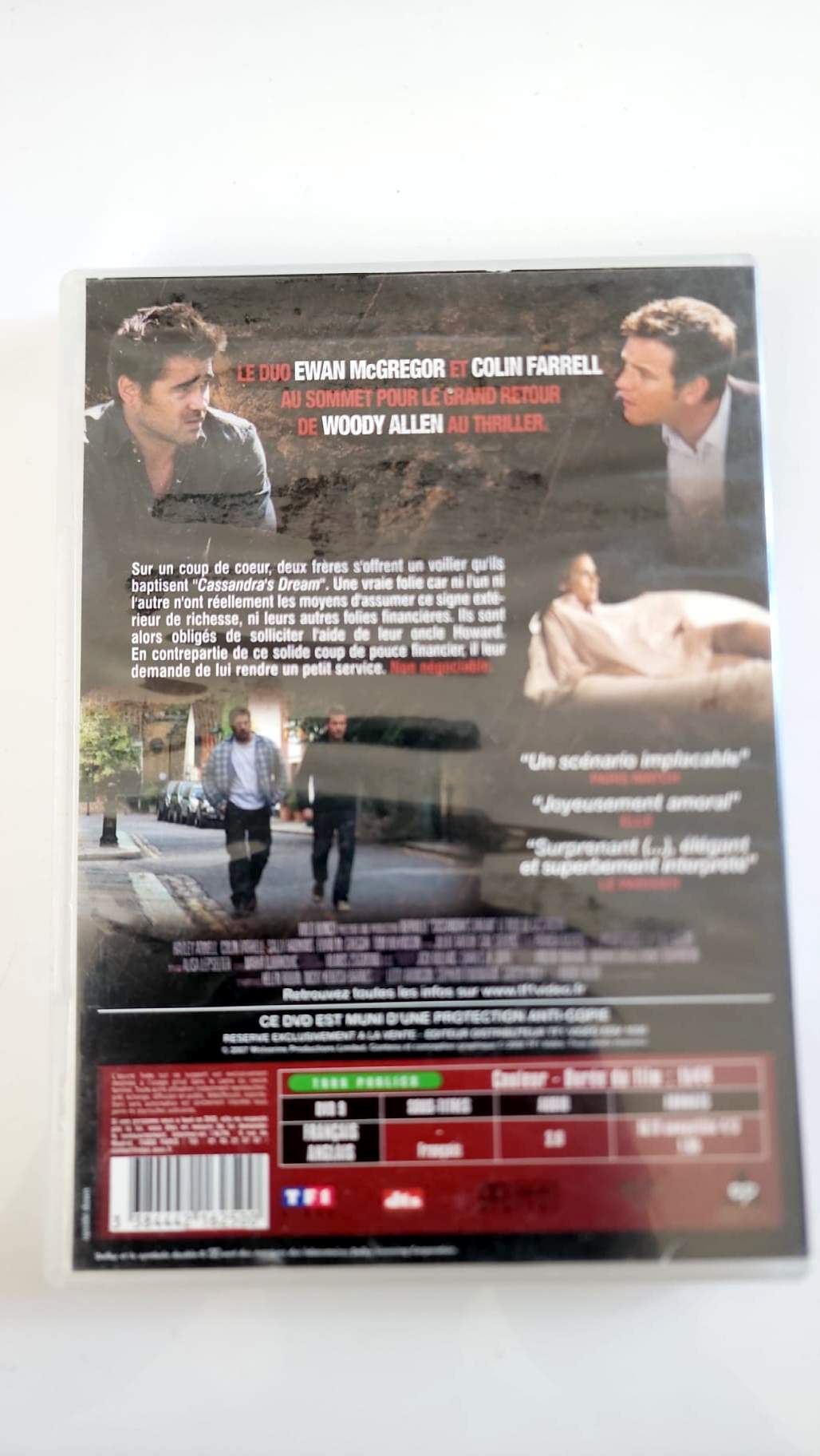Jaquette arrière du DVD Le Rêve de Cassandre avec synopsis et versions linguistiques