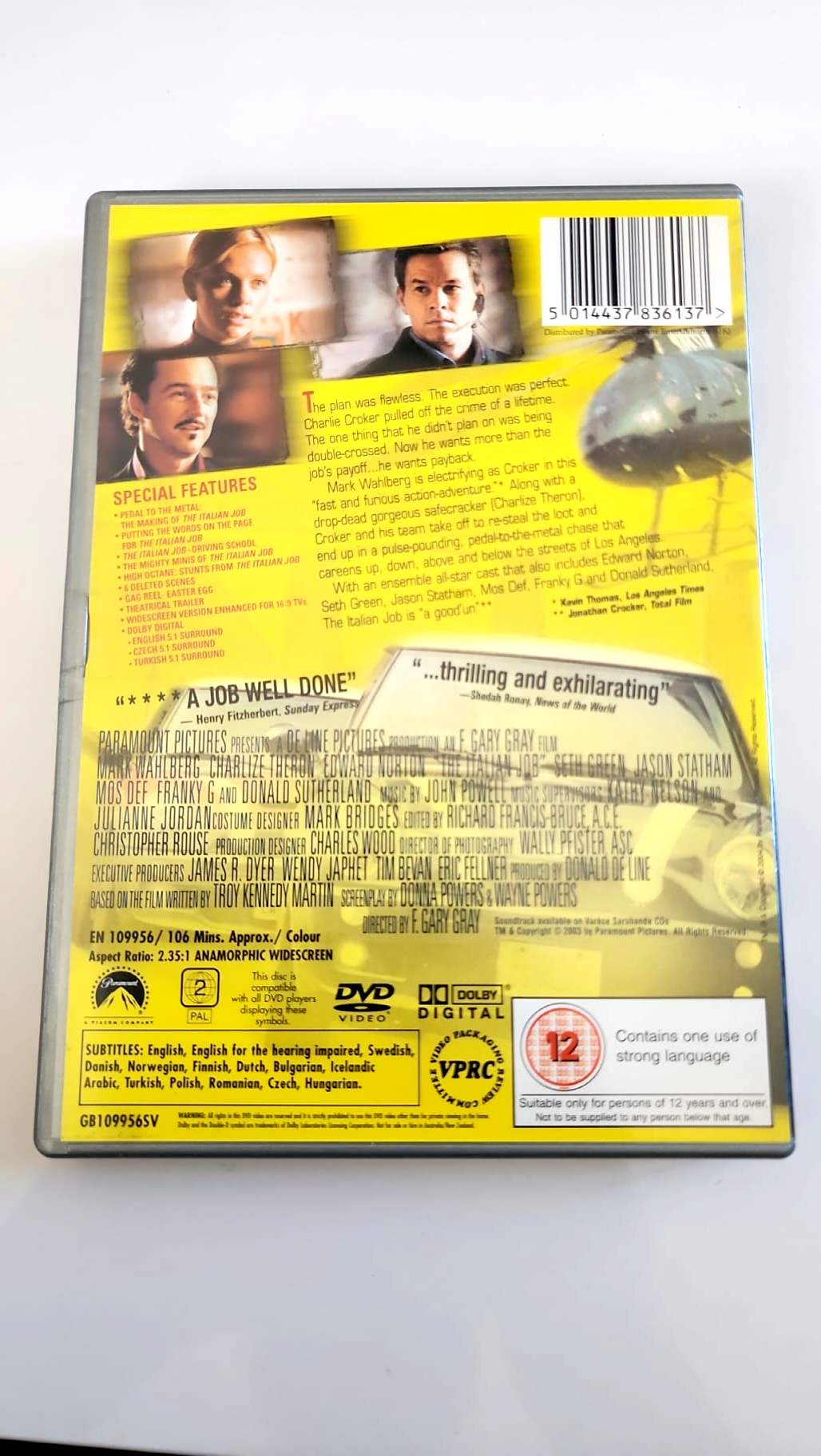 The Italian Job DVD PAL Zone 2, jaquette arrière avec caractéristiques