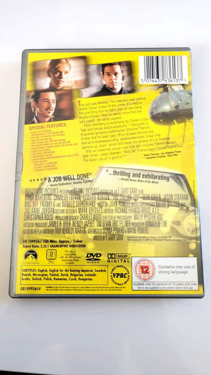 The Italian Job DVD PAL Zone 2, jaquette arrière avec caractéristiques