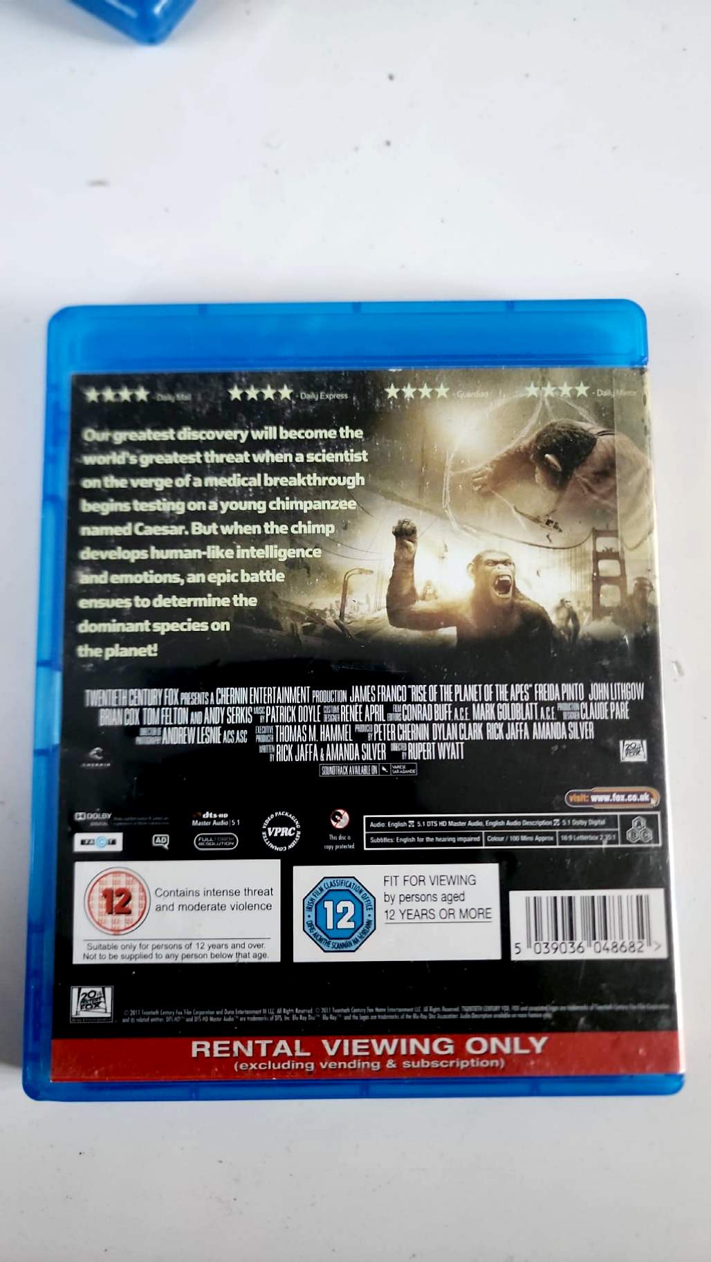 Rise of the Planet of the Apes Blu-ray, jaquette arrière et caractéristiques