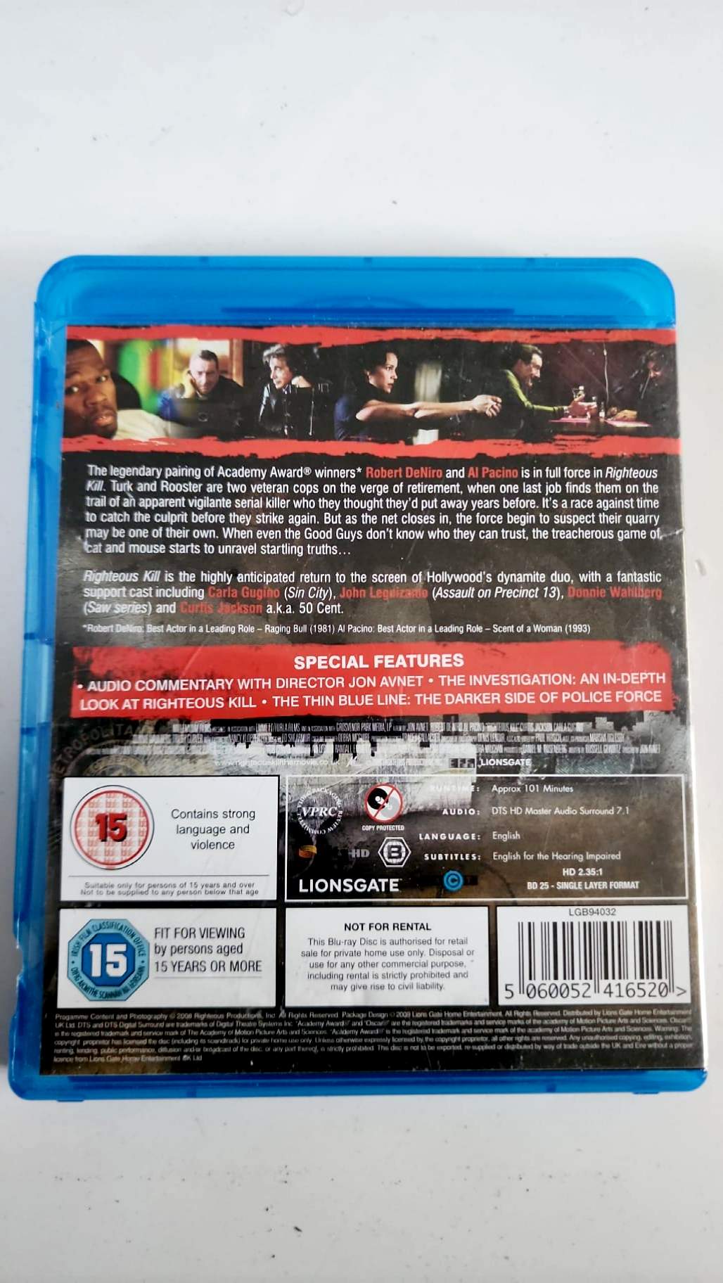 Righteous Kill Blu-ray britannique avec Robert De Niro et Al Pacino, jaquette avant