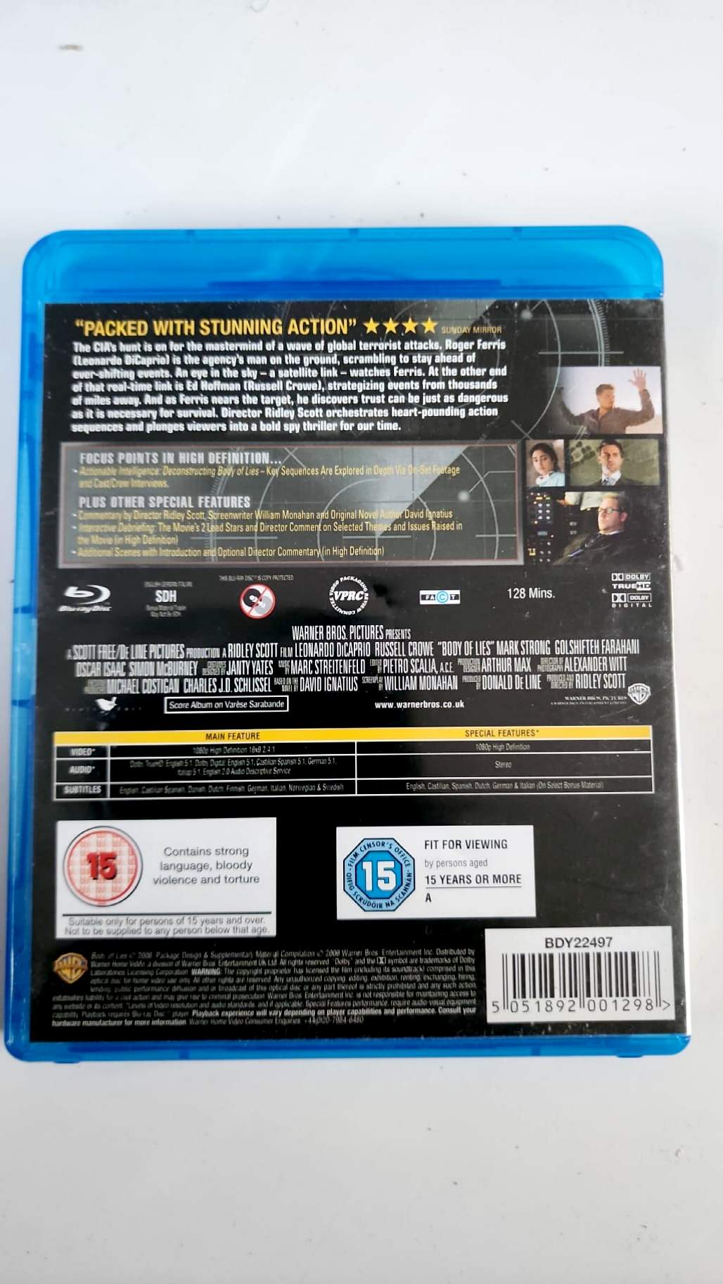 Body of Lies Blu-ray britannique, jaquette arrière et caractéristiques