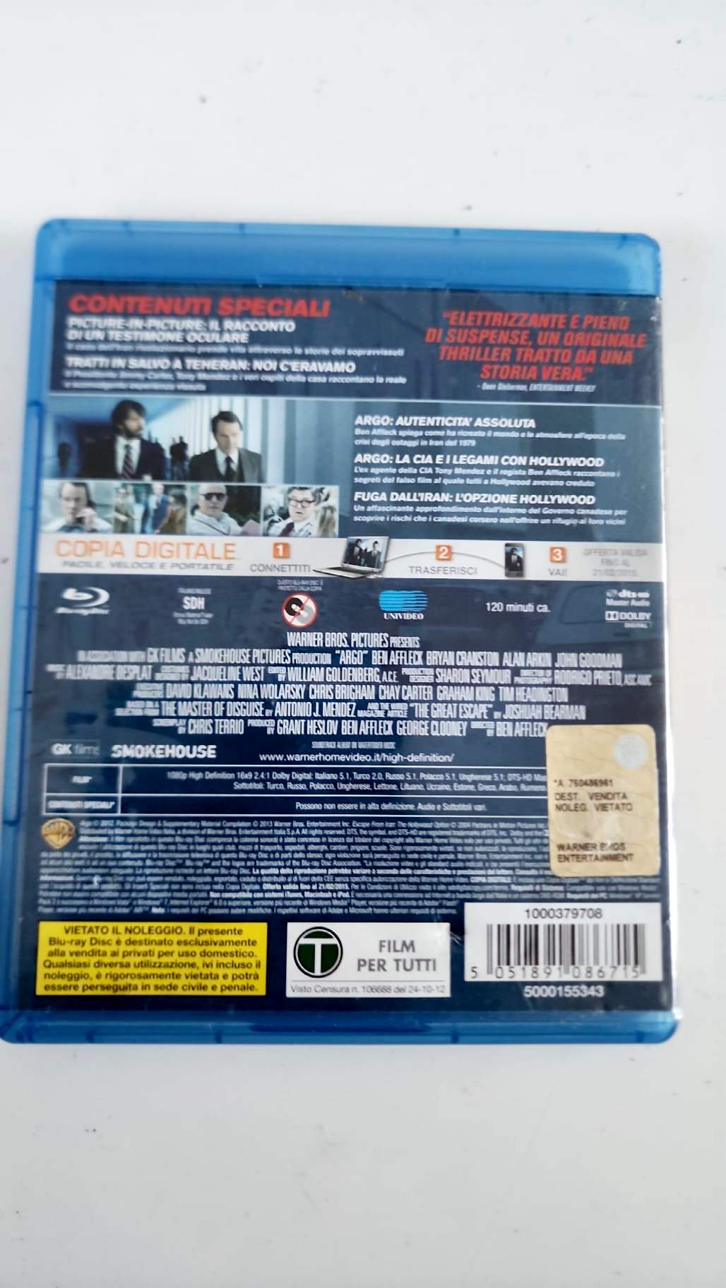 Argo Blu-ray italien, arrière et caractéristiques