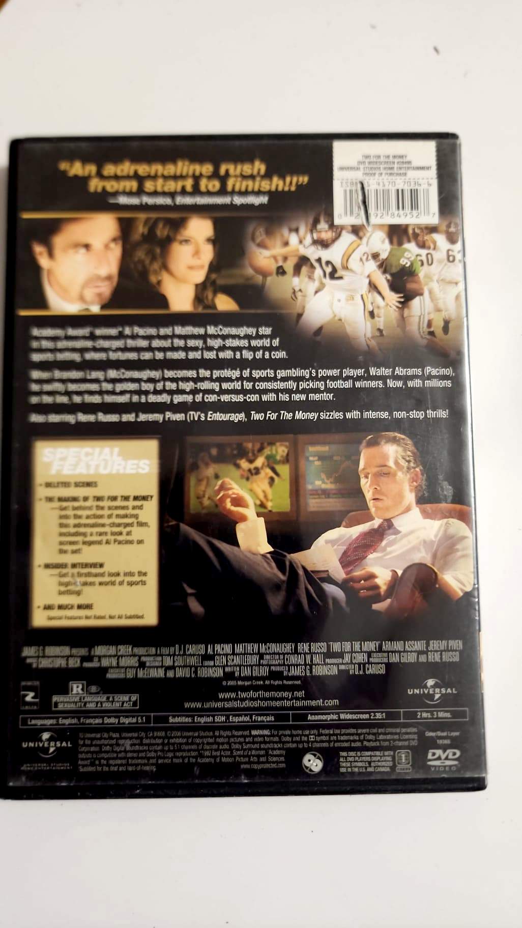 Two for the Money DVD - Dos de la pochette - Synopsis bonus Universal