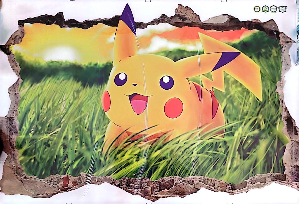 Sticker Mural Pikachu 3D Blaspo 90 x 60 cm – Effet Mur Cassé – Décoration Chambre Enfant, Gamer et Univers Fantastique