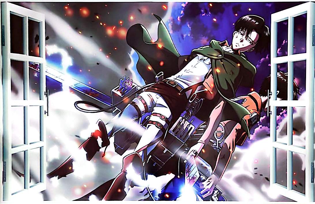 Sticker mural géant Attaque des Titans Levi Ackerman 90 x 60 cm – Décoration murale anime manga 3D effet fenêtre