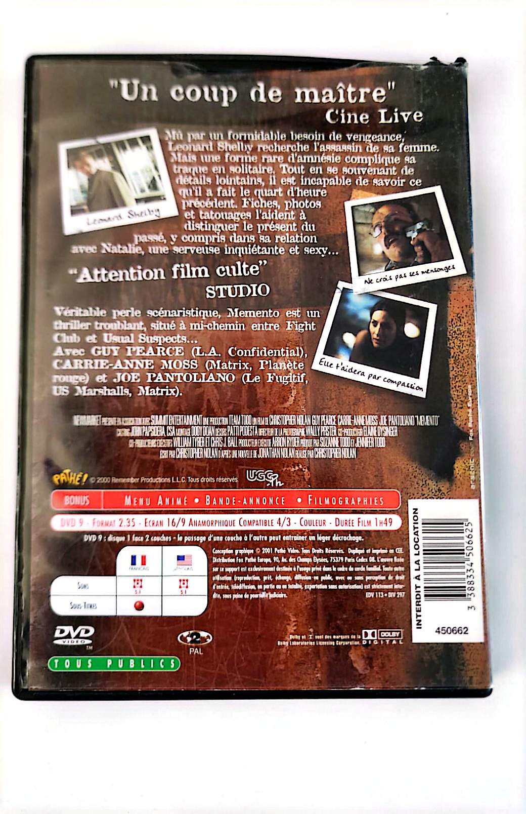Memento DVD – Guy Pearce, Carrie-Anne Moss – Christopher Nolan | Thriller Psychologique Zone 2 PAL Français
