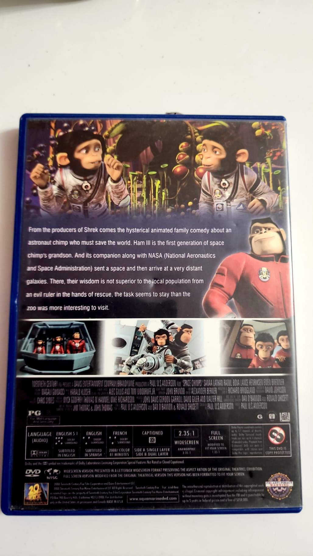 Jaquette arrière du DVD Space Chimps avec les informations audio et vidéo