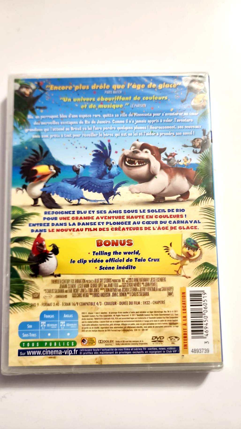 Rio DVD – jaquette arrière, langues et bonus