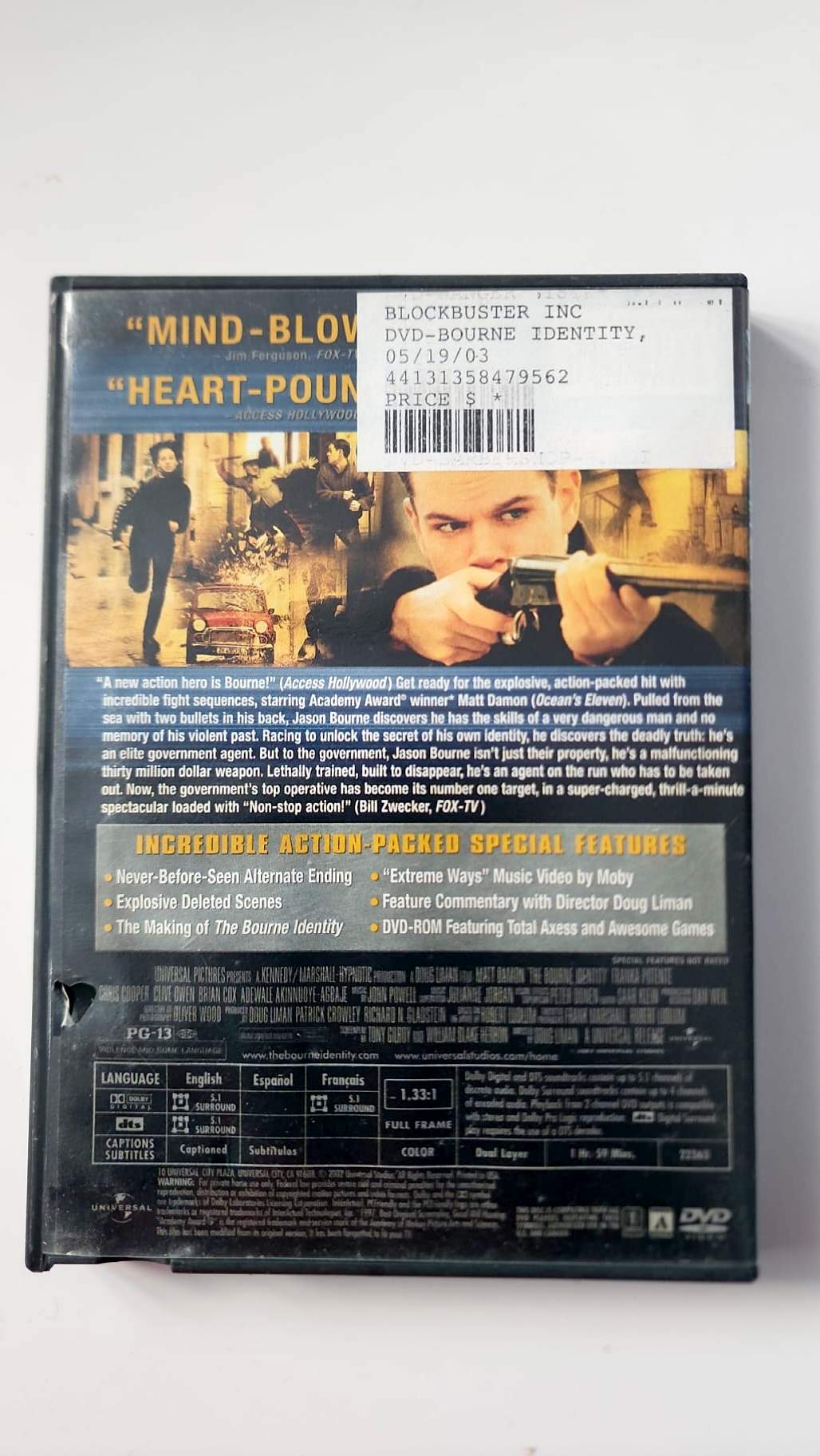 Jaquette arrière du DVD The Bourne Identity Collector's Edition avec bonus et caractéristiques