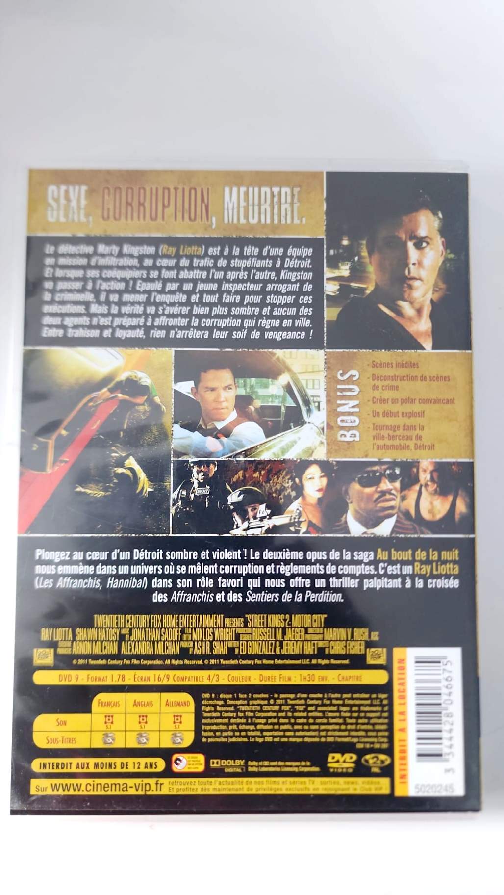 Jaquette arrière du DVD Au bout de la nuit 2 avec synopsis et informations techniques