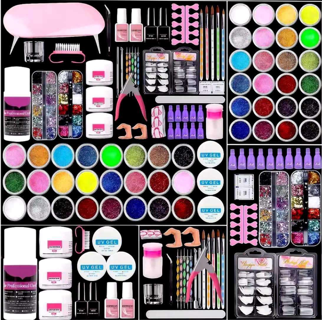 Kit Faux Ongles UV Gel Complet avec Poudre Acrylique, Paillettes et Lampe UV – Coffret Nail Art Manucure Professionnelle DIY – Accessoires Ongles Beauté