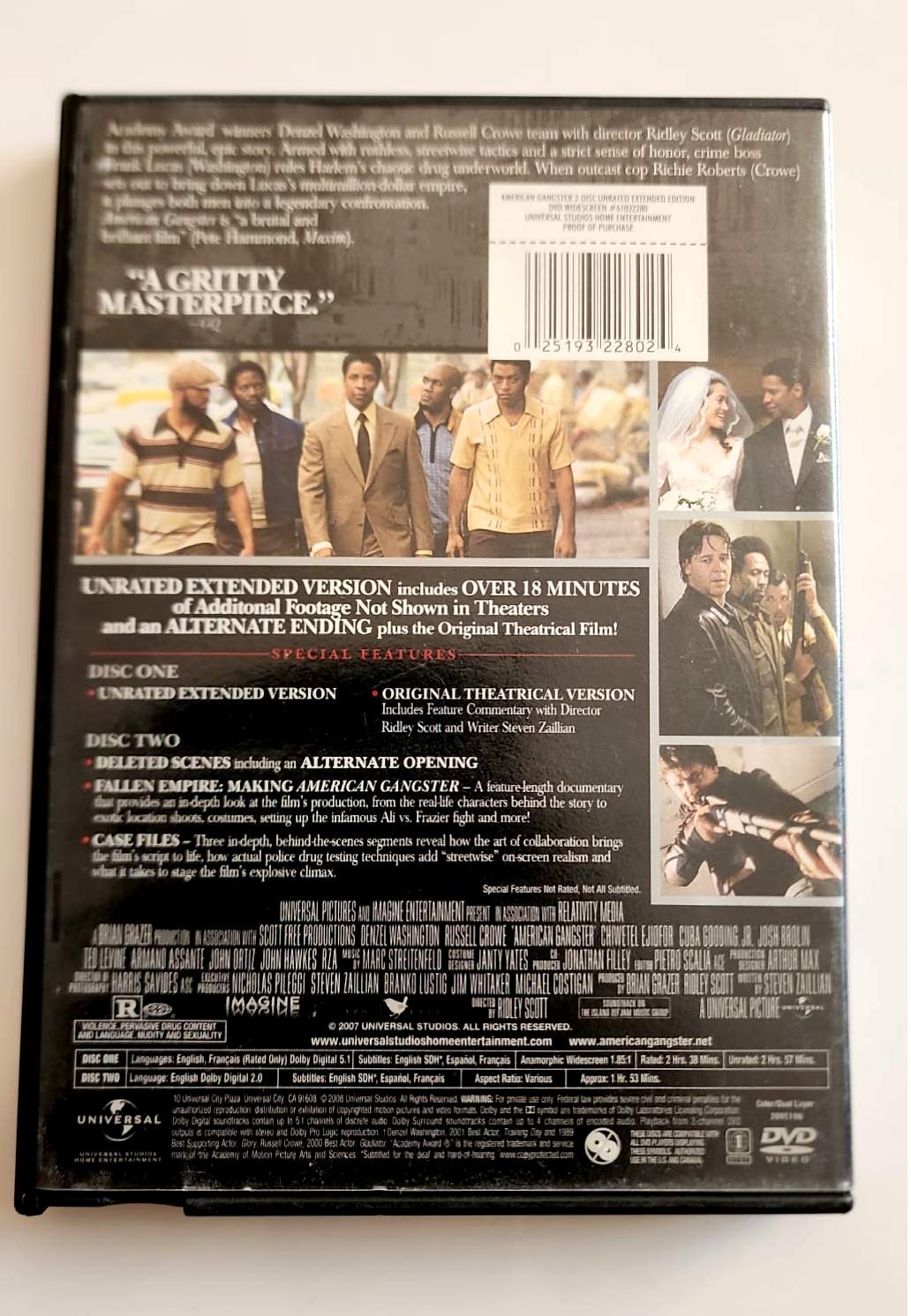 American Gangster DVD - Verso avec synopsis et bonus