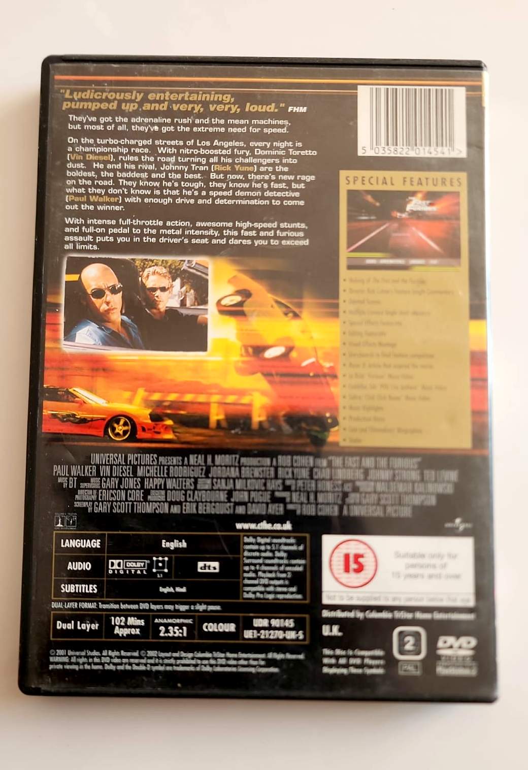 The Fast and the Furious DVD - Verso avec synopsis et bonus