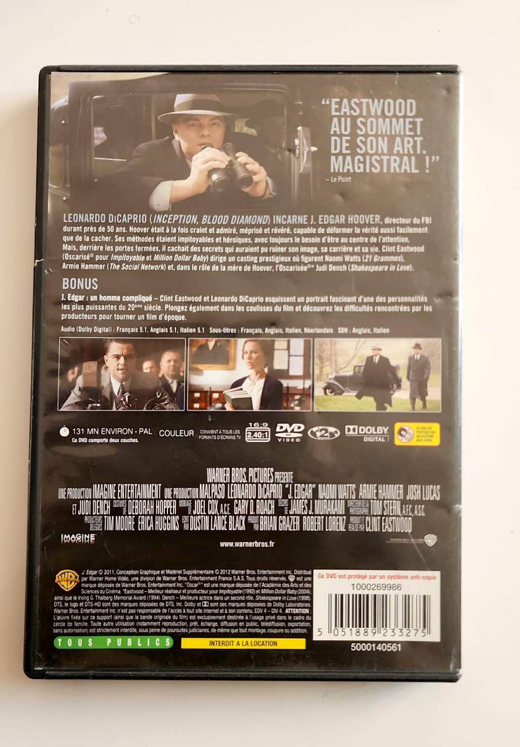 J. Edgar DVD - Verso avec synopsis et bonus