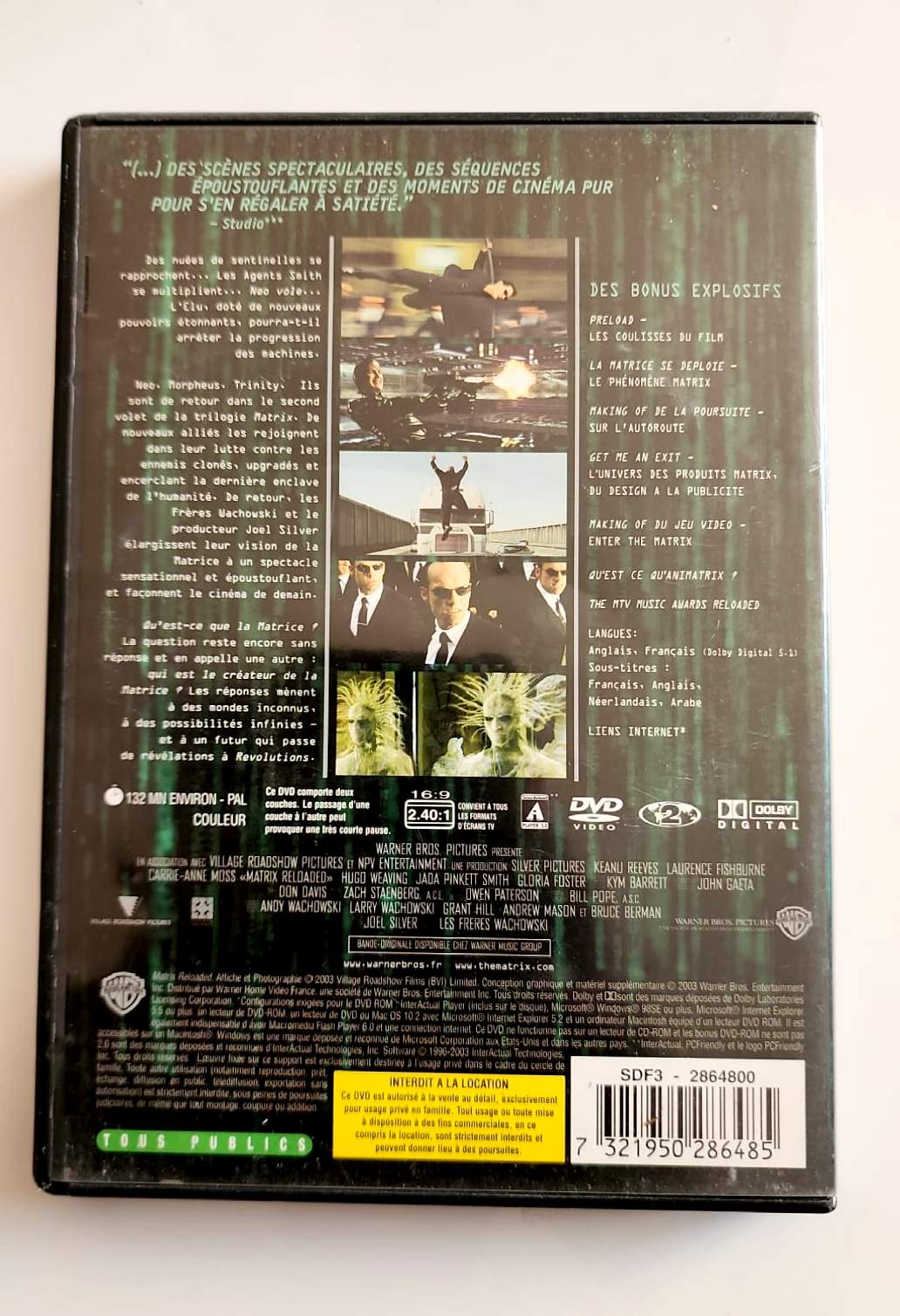 Matrix Reloaded DVD - Verso avec synopsis et bonus