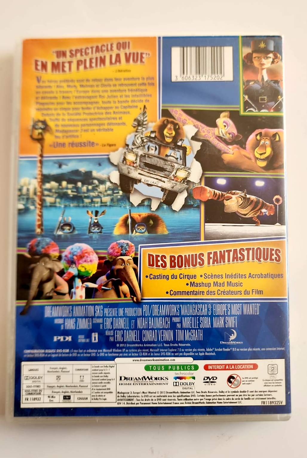 Madagascar 3 DVD - Verso avec synopsis et bonus