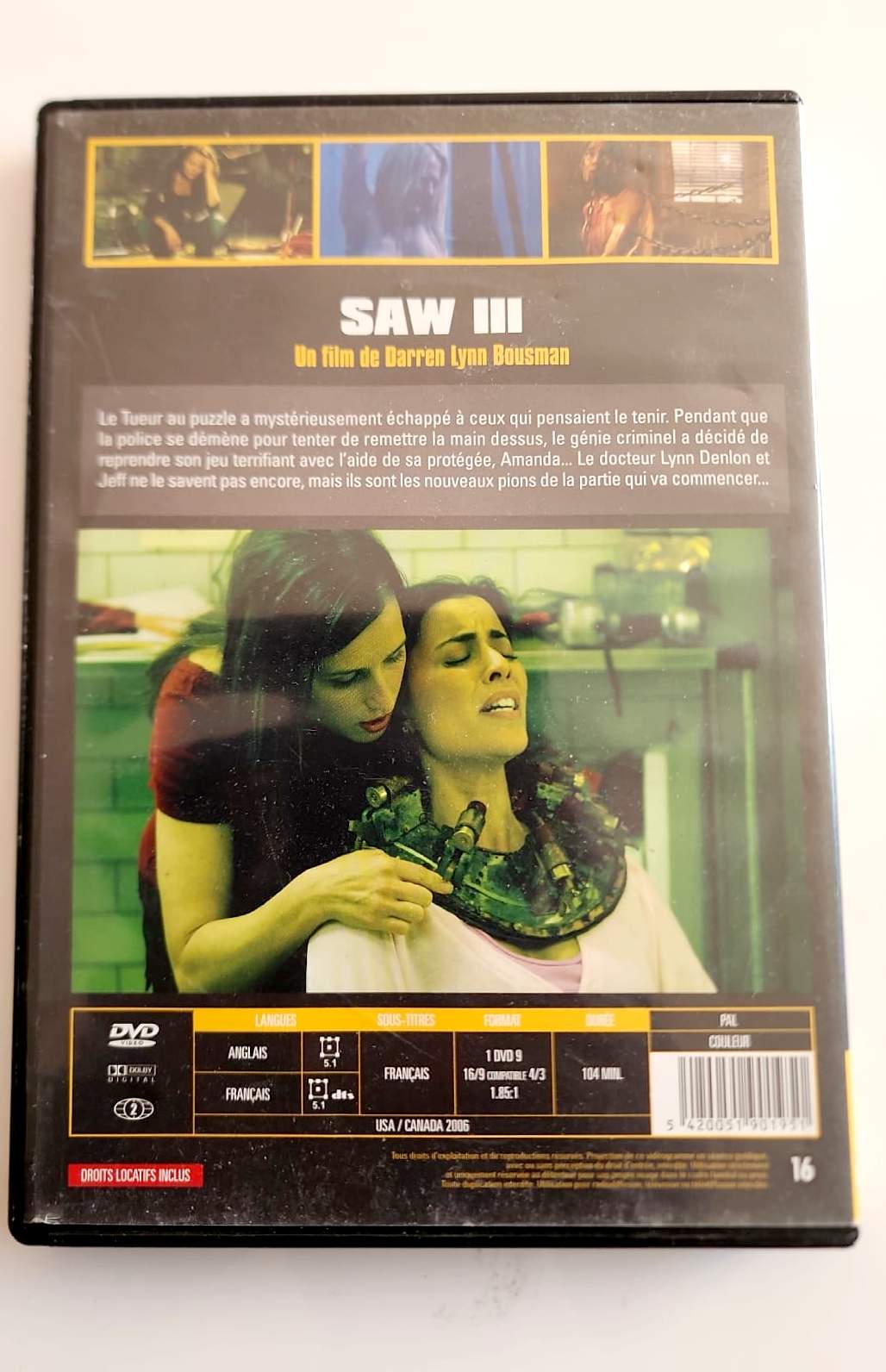 SAW III DVD - Verso avec synopsis et fiche technique