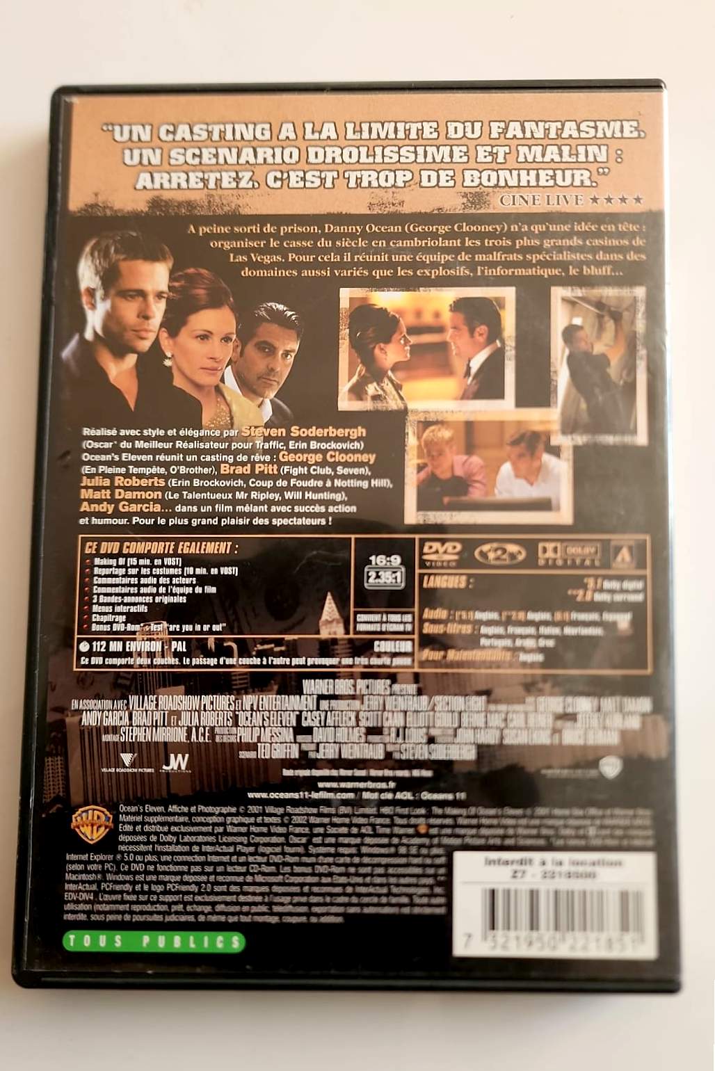 Ocean's Eleven DVD - Verso avec synopsis et bonus
