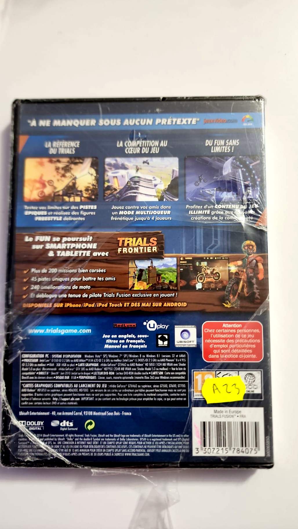 Trials Fusion PC, jaquette arrière et configuration