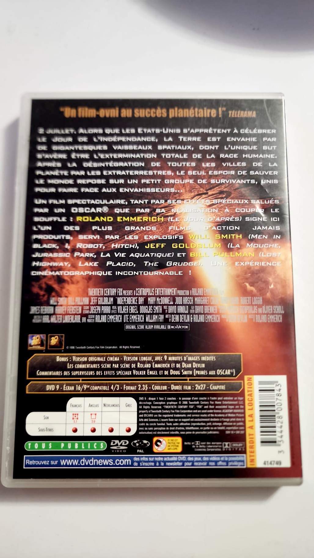 Jaquette arrière Independence Day DVD durée 2 h 27