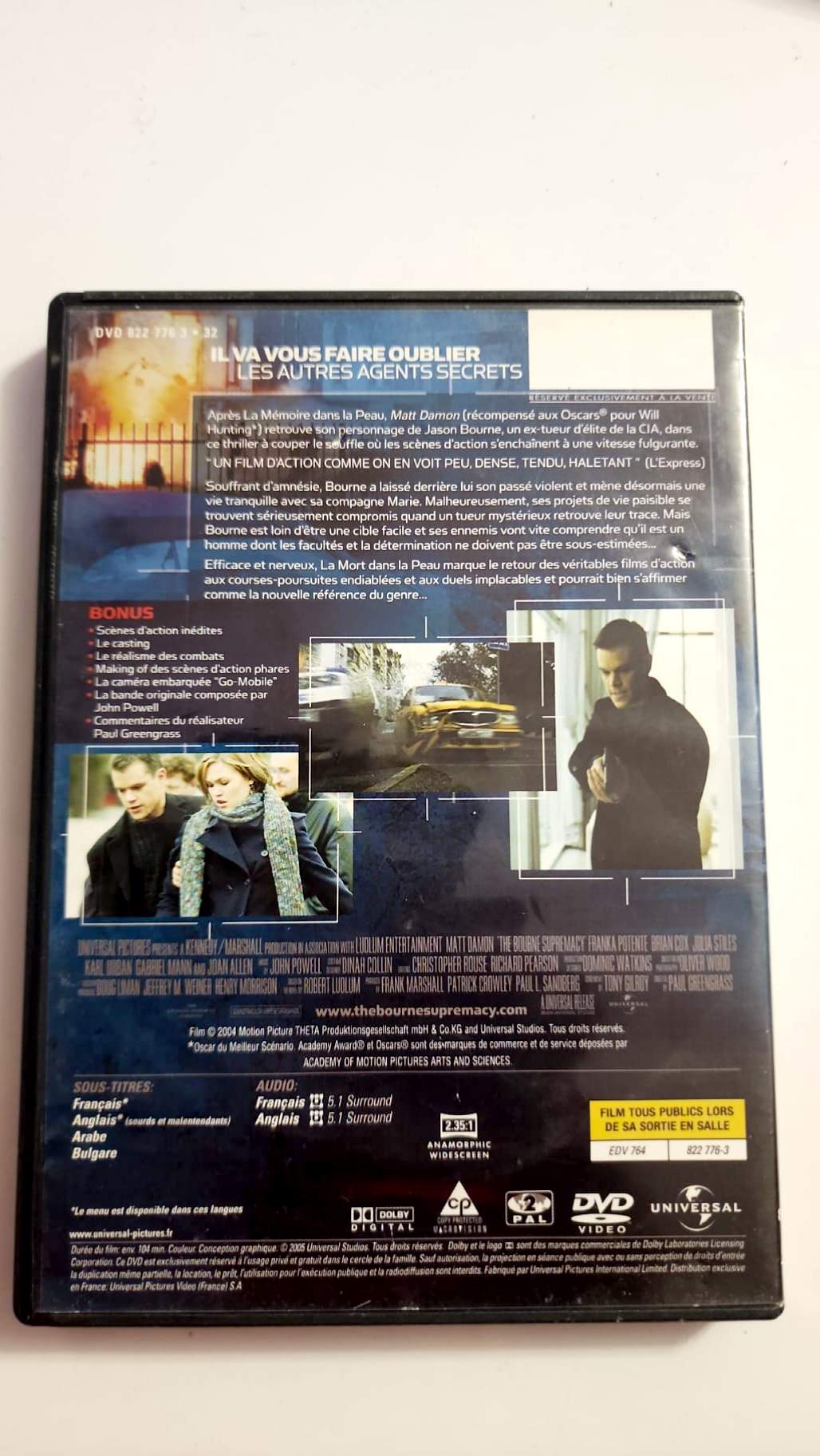 Jaquette arrière du DVD La Mort dans la peau avec caractéristiques et bonus