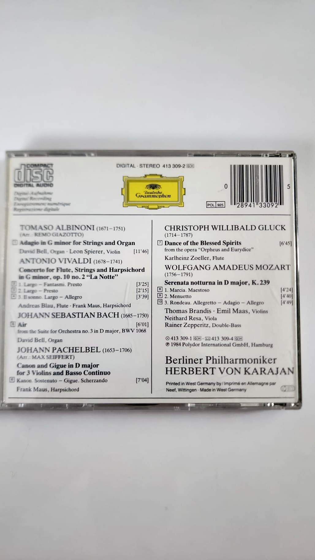 Jaquette arrière du CD Karajan référence 413 309-2 et programme