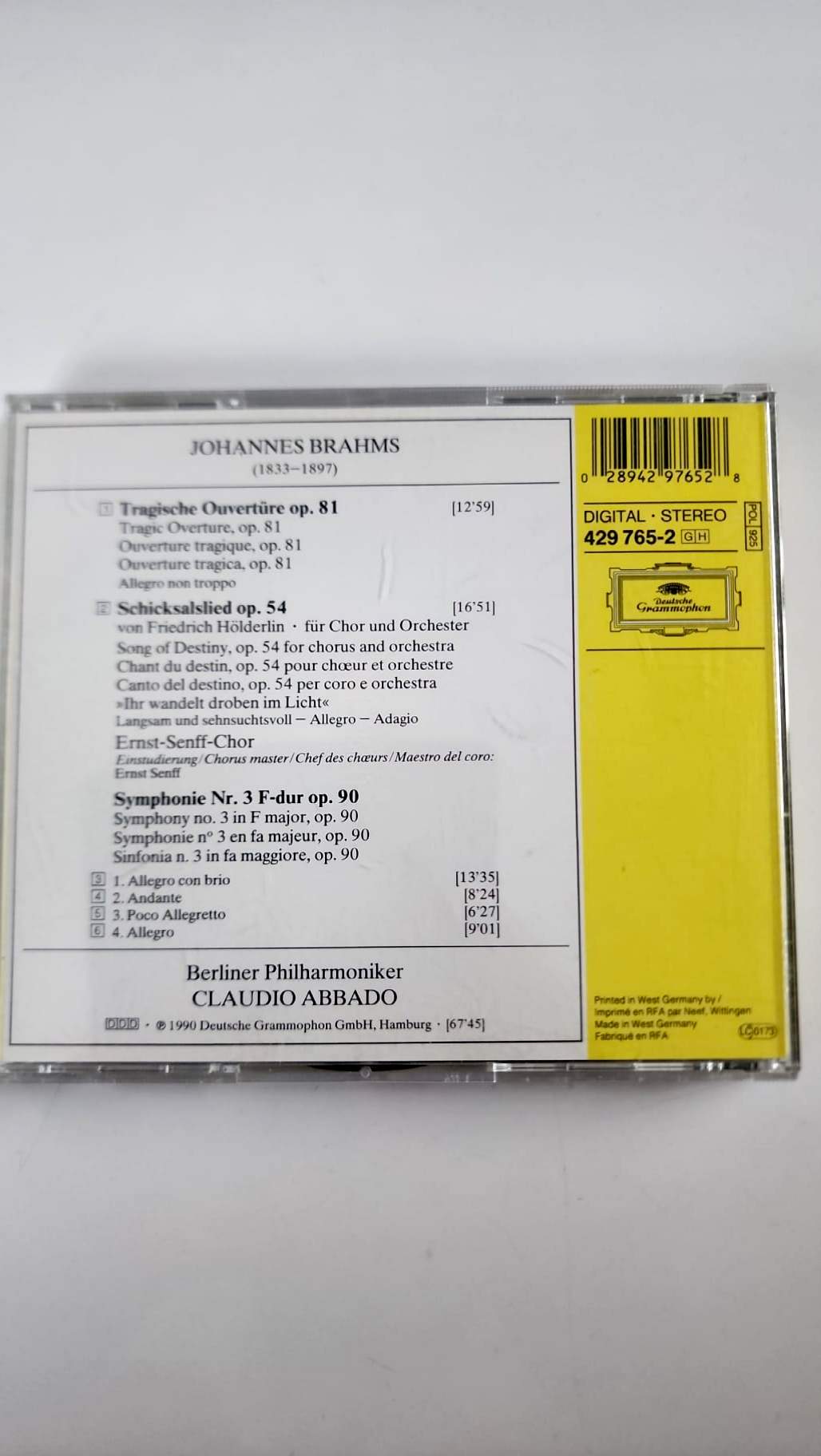 Programme au dos du CD Brahms – référence 429 765-2