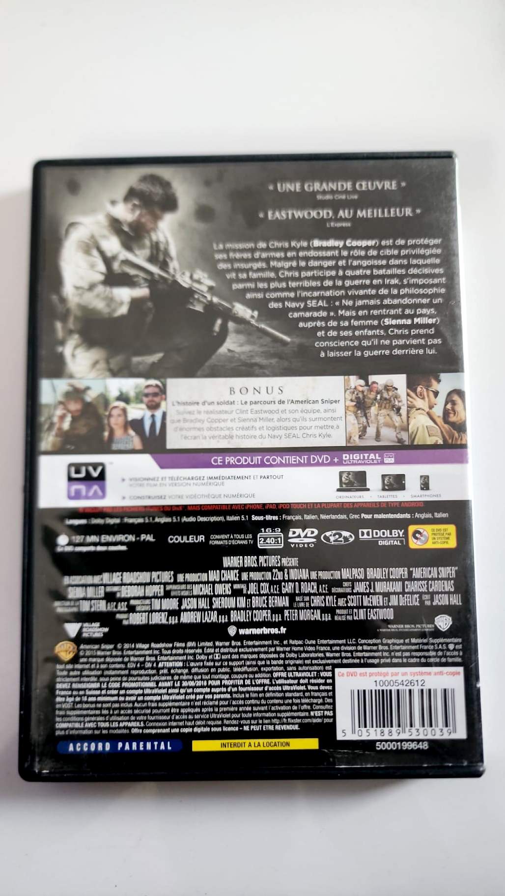 American Sniper DVD Warner, jaquette arrière