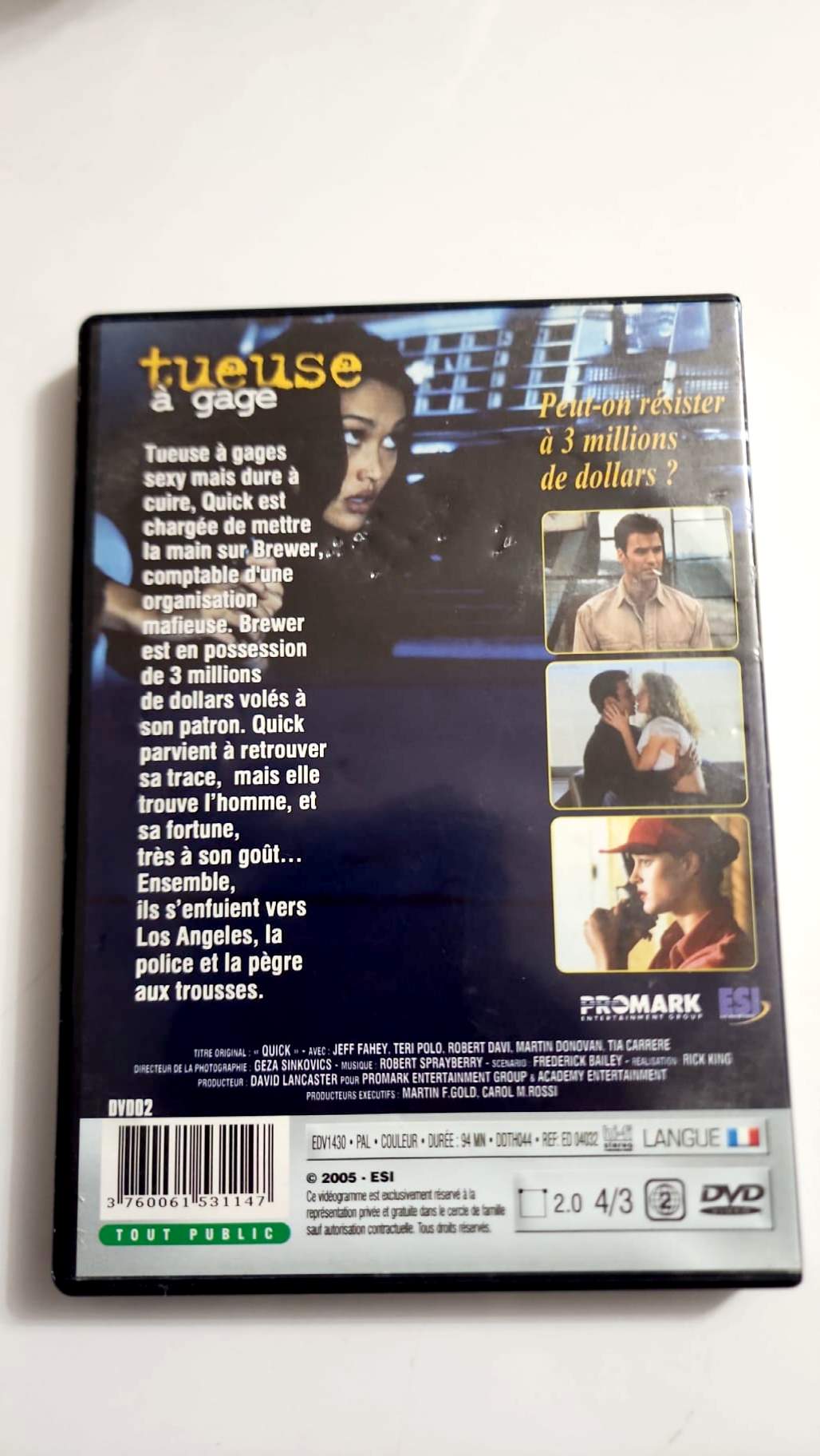 Jaquette arrière du DVD Tueuse à gages, résumé, format et mentions d’édition