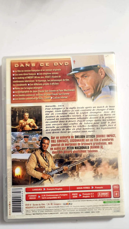 Jaquette arrière du DVD Légionnaire, langues français et anglais, durée 1 h 35