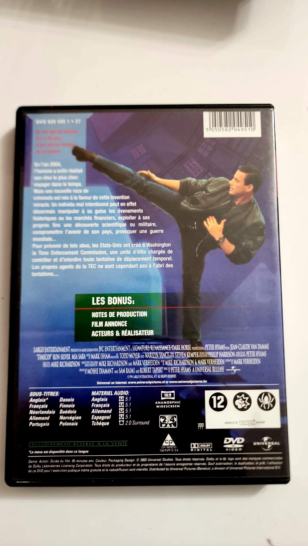 Jaquette arrière du DVD Timecop, édition Universal Pictures