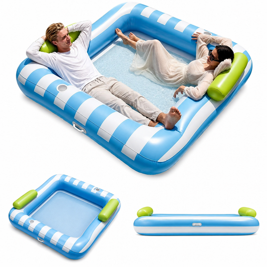 Matelas Flottant Gonflable Double Piscine – Ìlot 2 Personnes avec Appuie-têtes | Bleu