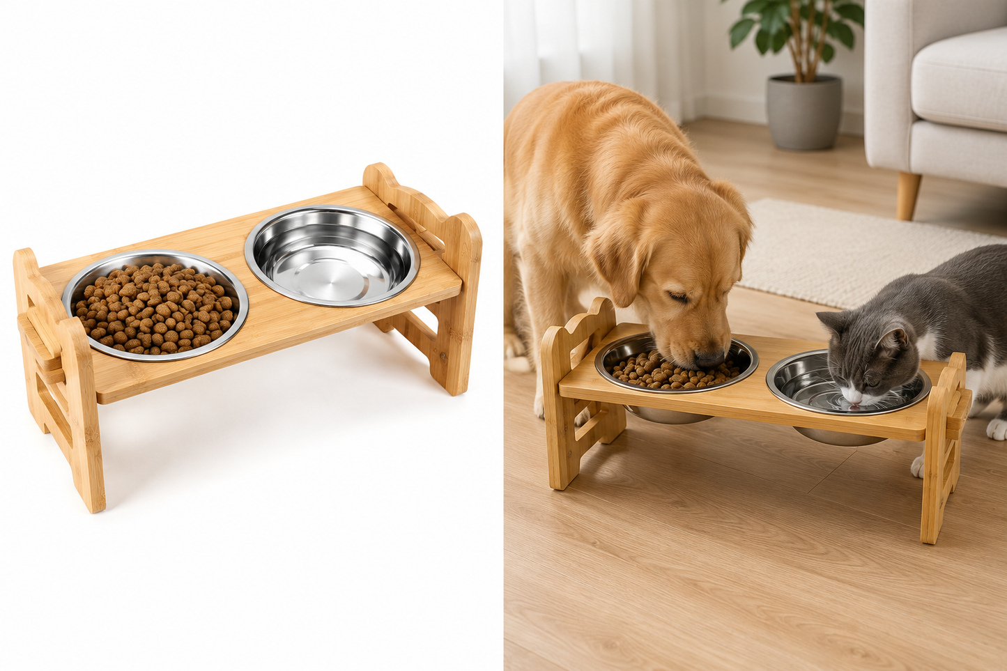 Support Gamelles Surélevé Réglable pour Chien et Chat avec 2 Bols Inox – Mangeoire en Bambou Naturel – Support Alimentation et Eau pour Petits et Grands Animaux