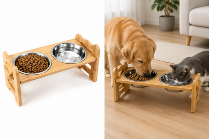 Support Gamelles Surélevé Réglable en Bambou – 2 Bols Inox Inclus, Mangeoire pour Chien & Chat, Petits & Grands Animaux