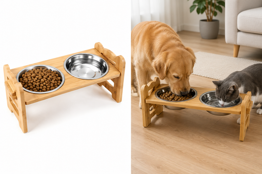 Support Gamelles Surélevé Réglable pour Chien et Chat avec 2 Bols Inox – Mangeoire en Bambou Naturel – Support Alimentation et Eau pour Petits et Grands Animaux