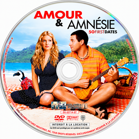 Amour & Amnésie (50 First Dates) DVD Comédie Romantique Drew Barrymore Adam Sandler CD Seul Sans Boîtier
