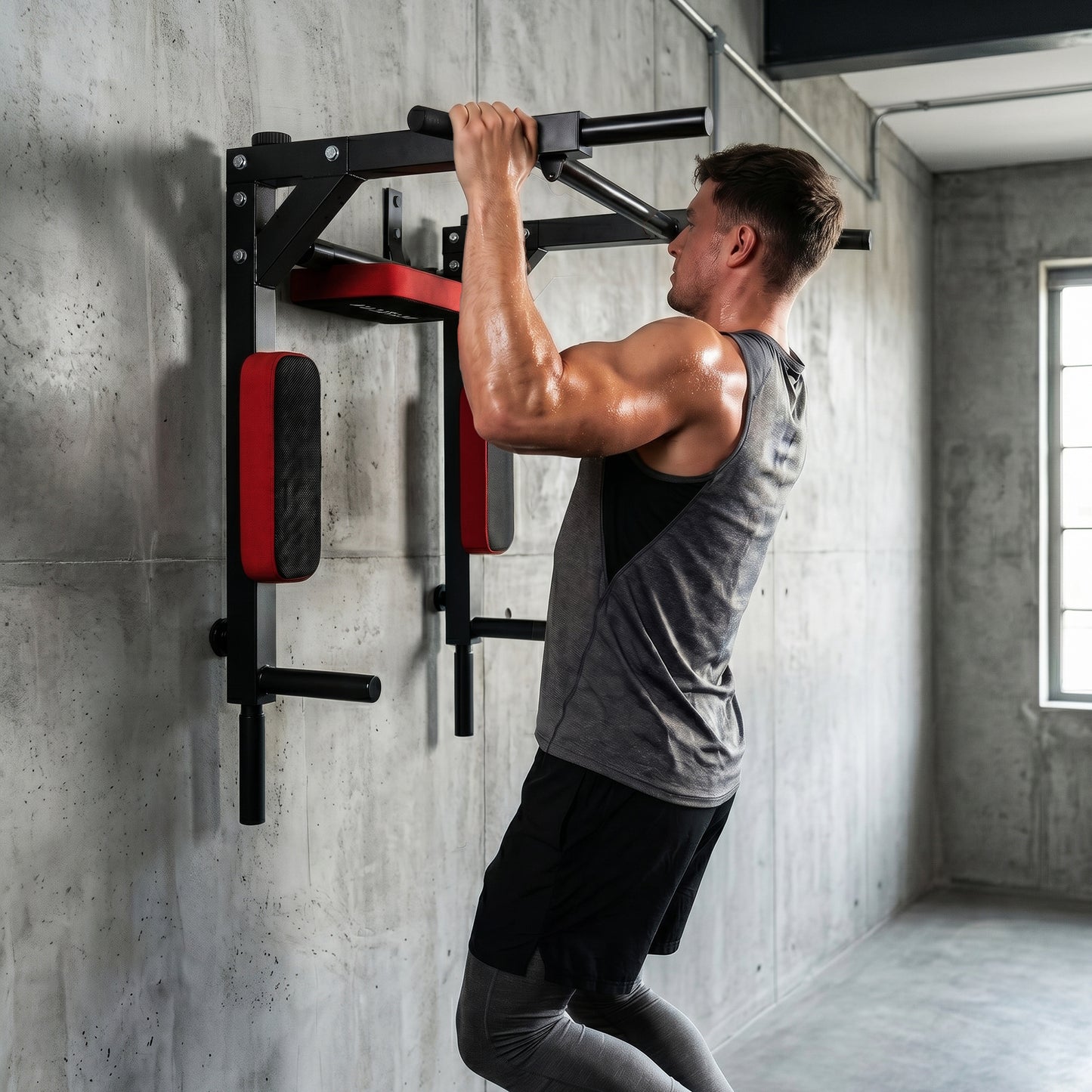 Barre de Traction Murale Multifonction 2 en 1 – Dips, Poignées Antidérapantes, Charge Max 200 kg | Musculation Domicile