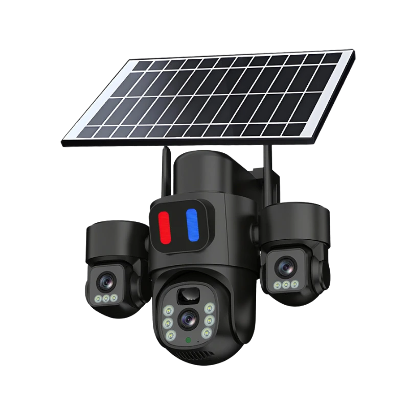 Caméra de Surveillance Solaire Extérieure WiFi – Triple Objectif Rotatif – Vision Nocturne HD – Caméra IP Étanche IP66 avec Détection de Mouvement et Support Mobile