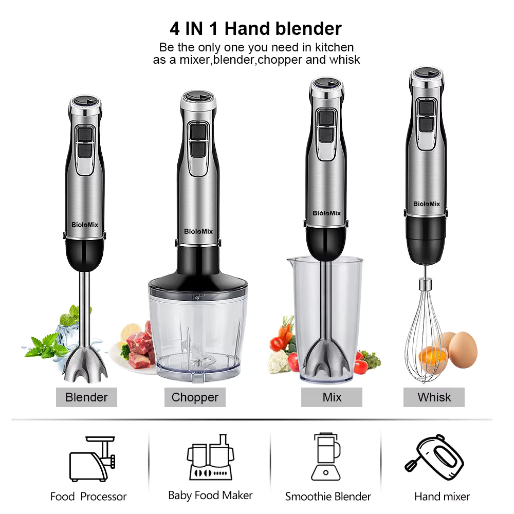 Mixeur plongeant 4 en 1 1200W avec hachoir et lames inox