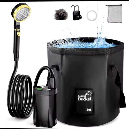Douche Portable Électrique 20 L – Pompe Rechargeable USB – Seau Pliable Étanche – Idéale pour Camping, Jardin, Voyage ou Lavage Voiture